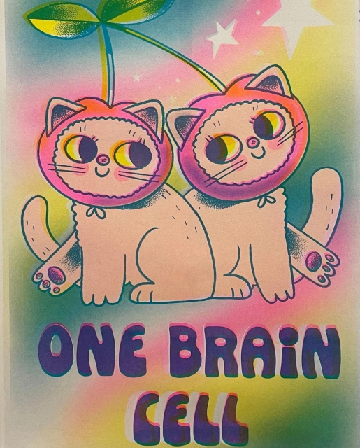 Drawing of two white kitties wearing a cherry hat that's connected. They are facing away from each other and holding out one paw while looking back. A rainbow of colors with stars dot the background.

Text reads "One Brain Cell"