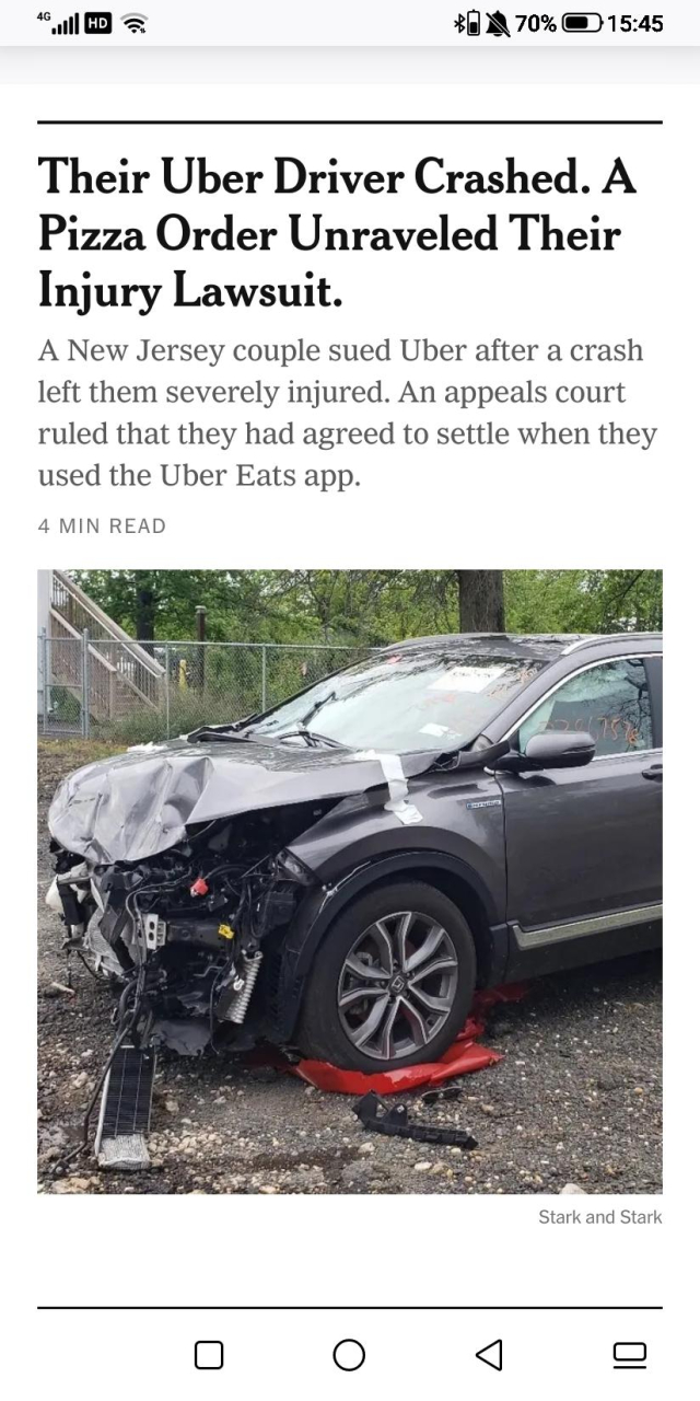 NYTimes article that Uber eats TOS prevents customers from suing Uber for car crash.