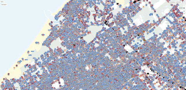 A map of The Hague showing a comical amount of traffic signs, obscuring everything else. 