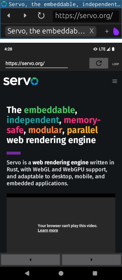 top: servoshell on desktop with improved tabbed browsing UI.

bottom: servoshell on Android with new navigation UI.