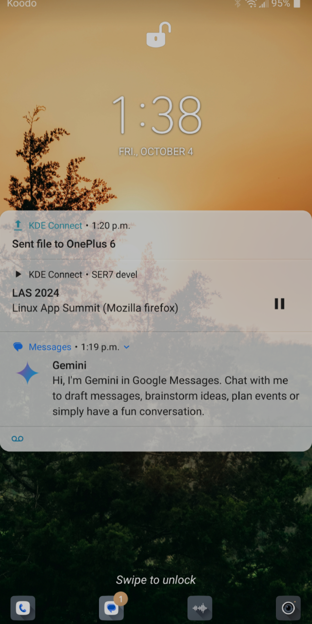 A screenshot of Android lock screen, showing a Messages notification from "Gemini" reading: "Hi, I'm Gemini in Google Messages. Chat with me to draft messages, brainstorm ideas, plan events or simply have a fun conversation"