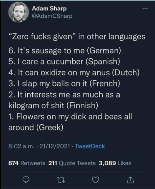 Screenshot of a Tweet by Adam Sharp, @AdamCSharp, posted at 8:02 a.m. on 21/12/2021 with 874 Retweets, 211 Quote Tweets, and 3,089 Likes: "'Zero fucks given' in other languages. Number 6: It’s sausage to me (German). Number 5: I care a cucumber (Spanish). Number 4: It can oxidize on my anus (Dutch). Number 3: I slap my balls on it (French). Number 2: lt interests me as much as a kilogram of shit (Finnish). Number 1: Flowers on my dick and bees all around (Greek)"