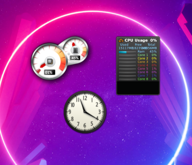 Screenshot from my desktop showing 3 widgets randomly arranged. One widget is a CPU and RAM monitor shaped like engine RPM gauges. Another is an analogue clock. The last gadget is another CPU monitor with bar stats per CPU-core.