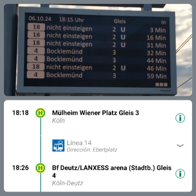 Two pictures. Top: electronic announcer showing the next Tram departing 18:47. Bottom: screenshot from the app showing the next Tram departing 18:18.