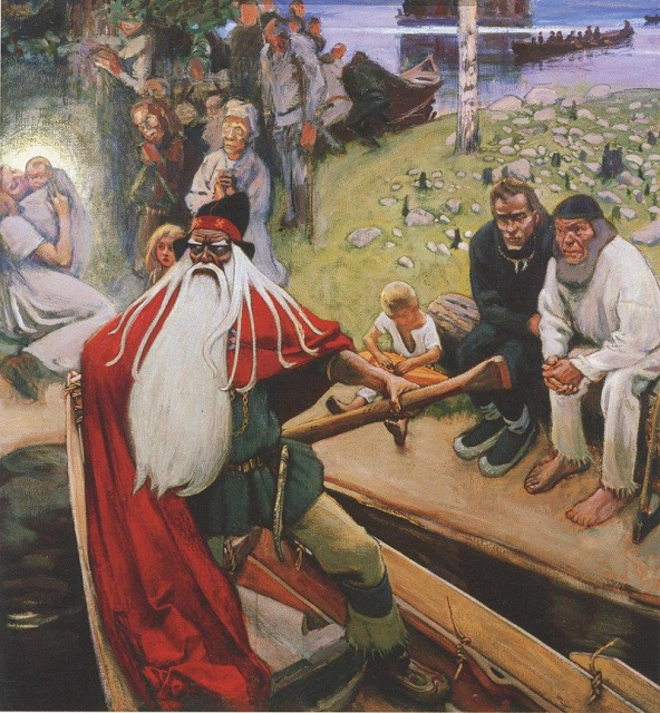 Väinämöinen leaves on a boat, leaving his kantele to a little boy.