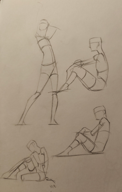 4 gesture drawings; One standing, three sitting in various poses.