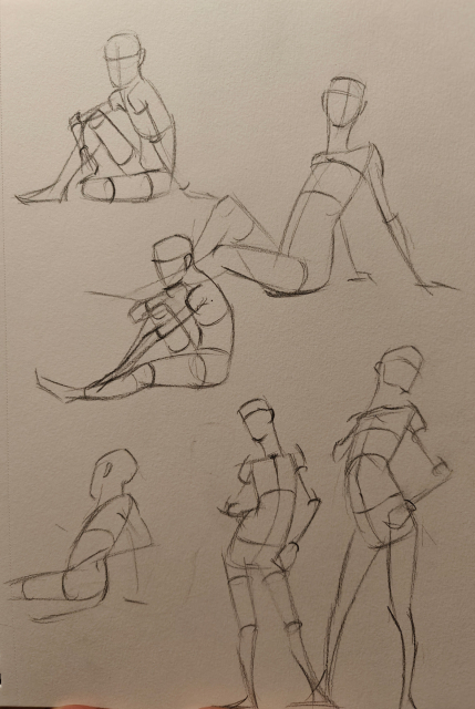 6 gesture drawings - 4 sitting, and two standing in various poses.