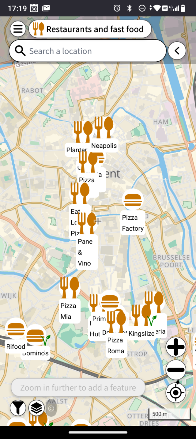 A map of Ghent inly showing pizzerias