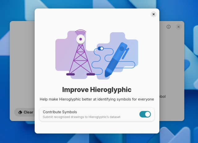 Screenshot of a GTK app with a dialog open. The dialog shows an illustration of a pen connected to a cell tower. Below is some text explaining that drawings can be submitted to improve Hieroglyphic, alongside a switch to opt-in.