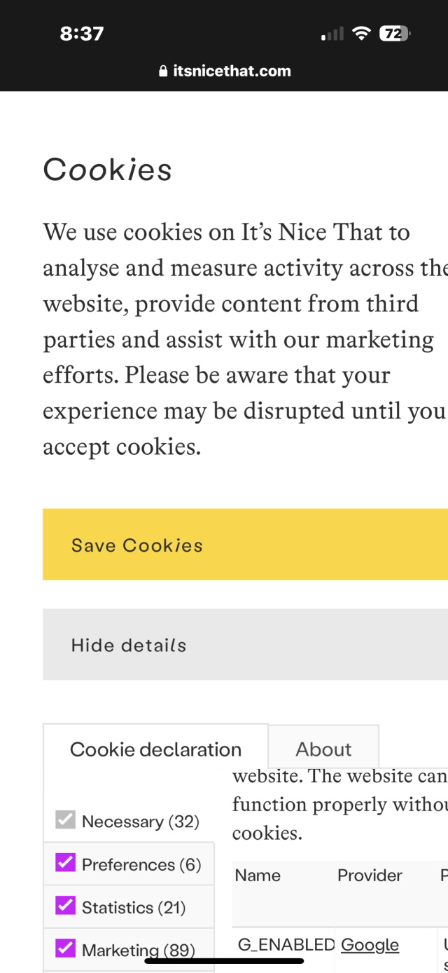 Screenshot of a cookie popup from a mobile phone. It’s larger than the viewport, but also can’t scroll, which means you can’t actually opt out of cookies, and yet the ‘gimme all the cookies EVAR’ button is above all of it and totally clickable. There is no way to dismiss the popup without accepting all the cookies ever. 