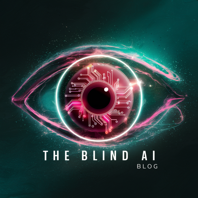 An artistic representation of an eye formed by circuitry and digital components, symbolizing artificial intelligence or machine vision. The eye is rendered in striking shades of pink and teal, with circuit board patterns forming the iris and pupil. The title "The Blind AI Blog" appears below, creating an intriguing contrast between vision and blindness. The image conveys themes of technology, perception, and the intersection of human and artificial intelligence in a visually striking and thought-provoking manner.