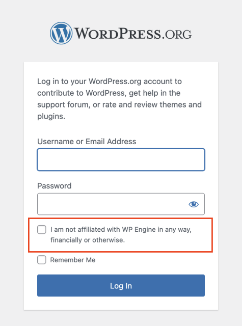 Screenshot of the Wordpress.org login window that demands you to declare that you are not affiliated with WPEngine