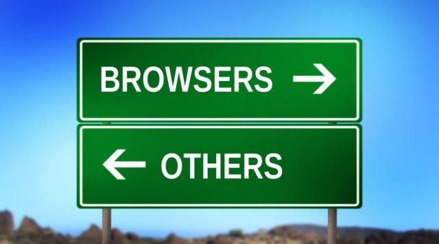 A roadsign showing two labels pointing in opposite directions. The top one says "browsers" pointing right. The lower one says "others" pointing left.