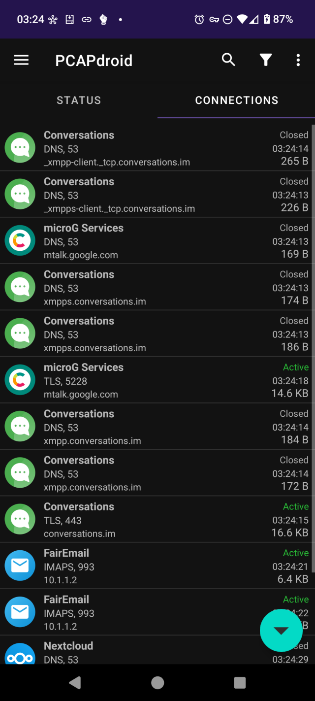 A screenshot of a packet capture on my phone, showing the apps that were first to reconnect after starting the capture. The app behaves like a VPN so starting a capture makes apps reconnect, thinking you've switched networks.