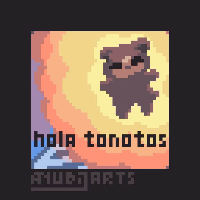 A Pixel Art Redraw of a Meme, featuring a cat flying off from a big explosion behind them, with some text in Spanish saying "hola tonotos", which translated is basically "hello fools" but mispelled.