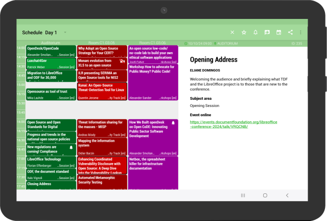 Screenshot of the LibreOffice 2024 Schedule app for Android smartphones and tablets. (Tablet screenshot)