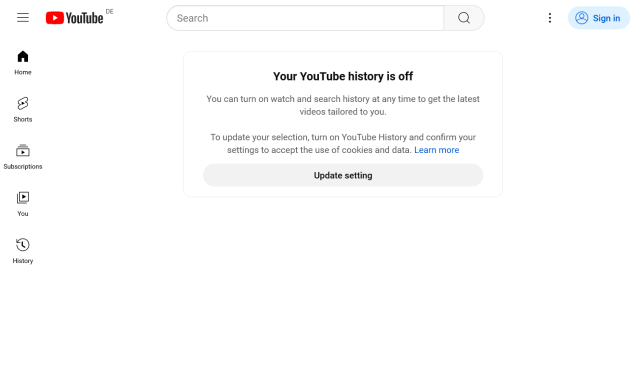 Screenshot of the youtube homepage showing "Your YouTube history is off" and most imporantly *no* suggested videos.