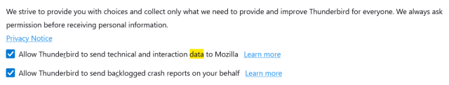 Thunderbird settings page to disable telemetry