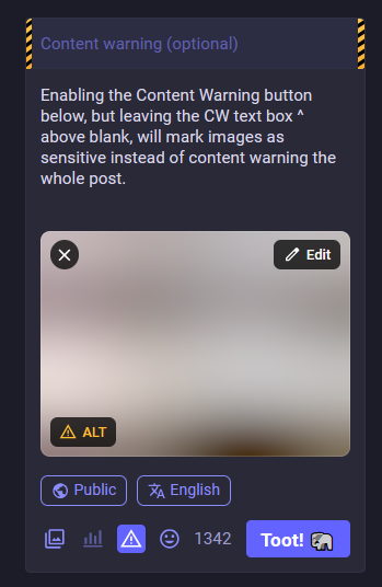 Screenshot of Mastodon post composer UI. The Content Warning button is enabled, but the text box where you type the warning itself is blank.

There's a blurred image in the post being composed, which reads: Enabling the Content Warning button below, but leaving the CW text box above blank will mark images as sensitive instead of content warning the whole post.