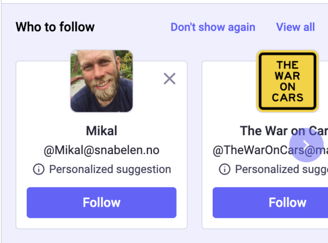 Screenshot of Mastodon's new "Who to follow" feature that appears uninvited in our timelines.