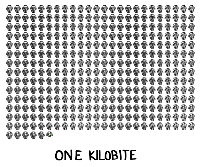 A picture of a grid of trilobites, with one missing two thirds of its body. The legend below it states "One Kilobite"