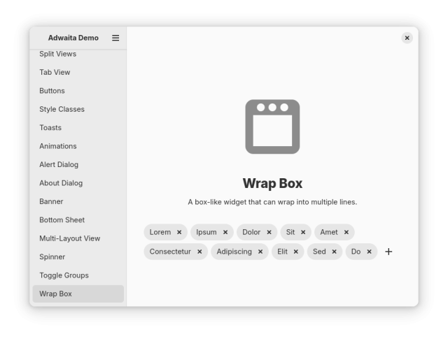 Libadwaita Demo showing the new Wrap box widget