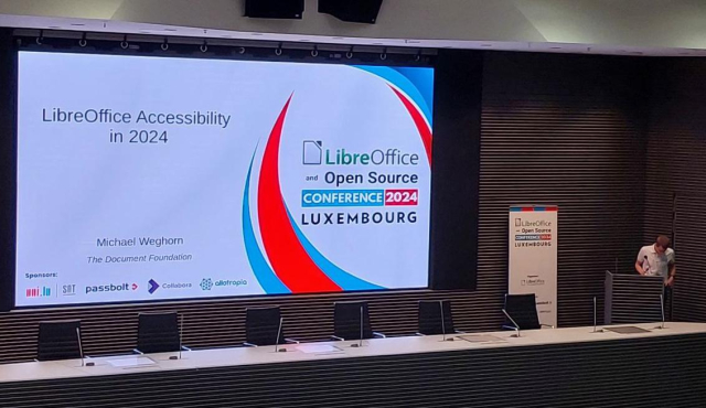 Presenter at the stand for a "LibreOffice Accessibility in 2024" talk