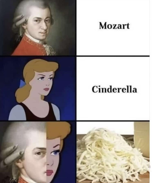 pintura de Mozart = Mozart
Caricatura de Cinderella = Cinderella
imagen mixta de las anteriores = foto de un montón de queso