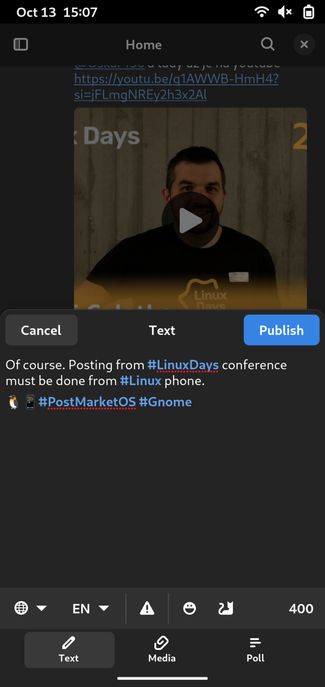 Screenshot from editing this post using Tuba app on Gnome mobile and Postmarket os