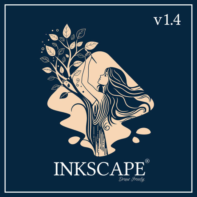 Inkscape 1.4 About Screen modification, CC-By-SA 4.0 Inkonic
A young woman drawing a tree, as a silhouette within an Inkscape icon.