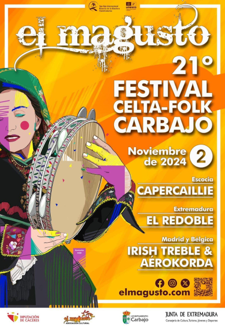 El magusto. Vigésimo primer festival celta-folk. En Carbajo, el 2 de noviembre. Grupos: Capercaillie (Escocia), El Redoble (Extremadura), Irish Treble & Aérokorda (Madrid y Bélgica).
Acompaña la información la imagen de una mujer con traje regional y tocando el pandero.