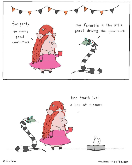 Two-panel comic strip by Liz Climo (thelittleworldofliz.com)

A pig dressed in a pink dress, red wig and pointy ears, and a snake in a black and white striped bodysuit are at a Halloween party.

Pig: Fun party. So many good costumes
Snake: My favourite is the little ghost driving the Cybertruck.
(Both turn to look)
Pig: Bro that's just a box of tissues.
(Said box of tissues is grey with sharp corners, and has a tissue sticking out of the top)