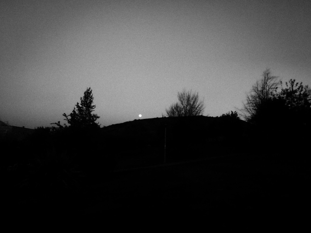 Bw picture of the moon almost falling in the mountains. 