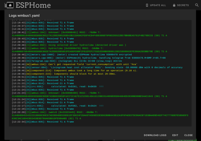 Log view in ESP Home web app showing incoming wmbus telegrams, several of which are recognized and decoded into values and sent to MQTT