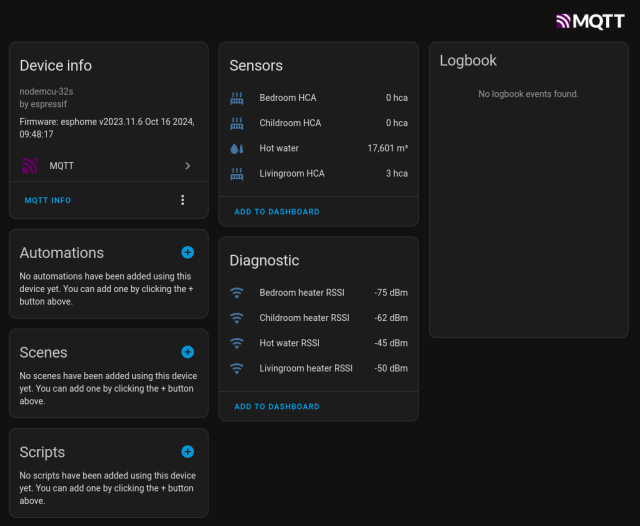 Home assistant view of MQTT connected wmbus receiver with three heat cost allocator sensors and one hot water volume sensor.
In diagnostic section there are 4 items showing the signal strength.