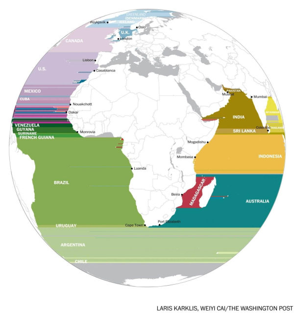 A map shows Europe, Africa and Asia. The latitudes from the coastlines are shown as coloured stripes. Each stripe also lists the name of the country that would be reached on the other side of the ocean. 