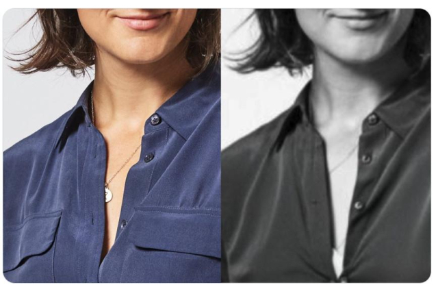 side-by-side comparison of original image and artificially “extended” version with unbuttoned blouse and hint of underclothing