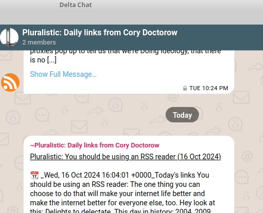 A Delta Chat screenshot of the RSS bot sending me a message, that Cory Doctorow published a new blogpost with the title "You should be using an RSS reader"