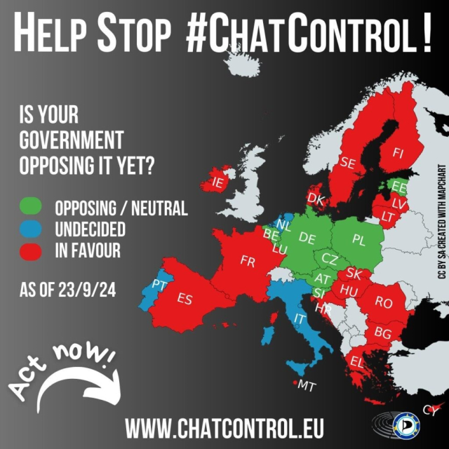 This map visualises EU governments positions on chat control on 4 September