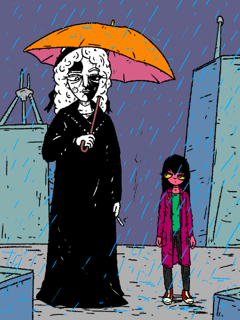 Towering Fossangel and Mage stand in the rain. Fossangel has an umbrella. Mage does not. She looks at the angel annoyed.