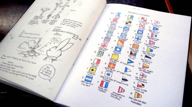 a sketchbook page featuring some hand drawn art of the phonetic alphabet, as well as how to communicate with flag semaphore.