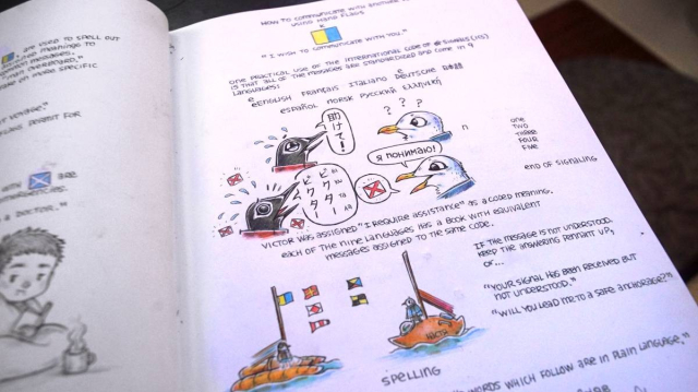 a sketchbook page showing illustrated sea birds having a conversation using the phonetic alphabet.