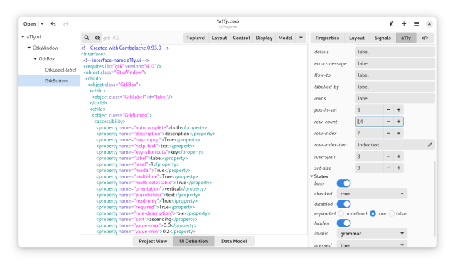 Cambalache window editing accessibility properties and relations.