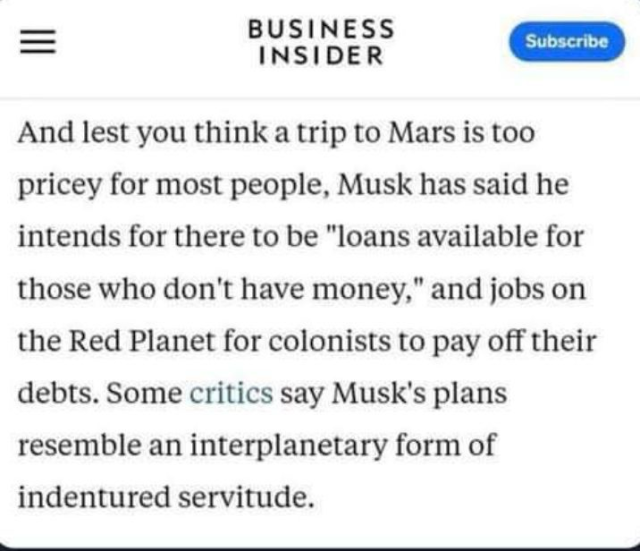 A text post from a story about Elon Musk offering people loans to move to Mars