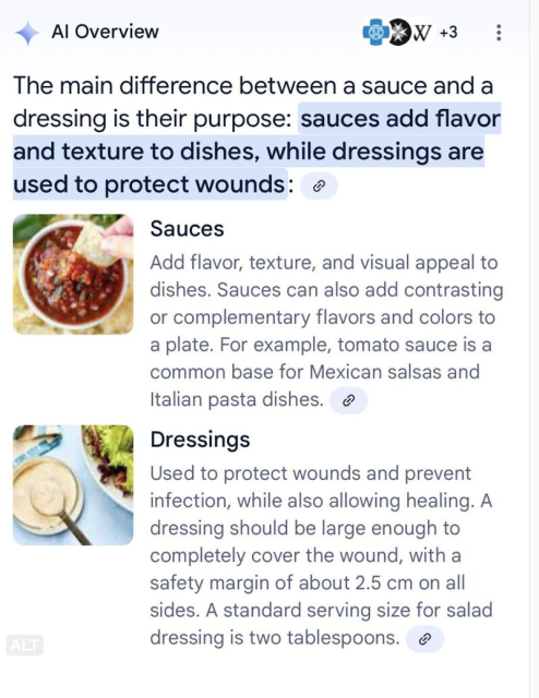 Google AI overview: "The main difference between a sauce and a dressing is their purpose: sauces add flavor and texture to dishes, while dressings are used to protect wounds"