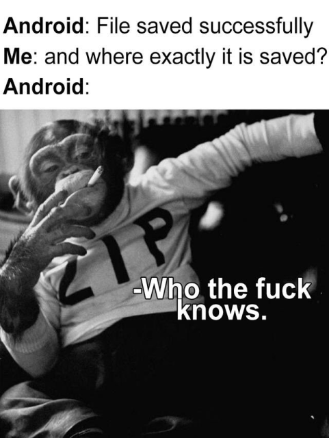 Meme text:
Android: file saved successfully 
Me: and where exactly is it saved?
Android: (picture of a chimpanzee smoking a cigarette & looking disinterested) Who the fuck knows..