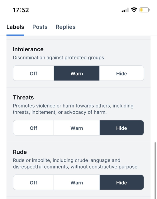 The “intolerance” dial set to warn, while “rude” is set to hide