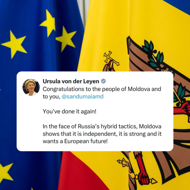 A screenshot of President's von der Leyen tweet. The background shows the EU and the Moldova's flags. 

The text reads: "Congratulations to the people of Moldova and to you, @sandumaiamd
 
You’ve done it again!

In the face of Russia’s hybrid tactics, Moldova shows that it is independent, it is strong and it wants a European future!"