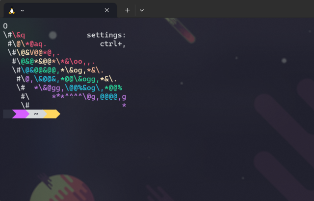 a screencap of my standard terminal, which uses windows terminal, wsl2, and oh-my-zsh. Before the prompt is colorful ascii art of a waving rainbow flag, along with a reminder of how to use the keyboard to get to the settings. the prompt itself is a nonbinary flag and cycles through black, purple, white, and yellow in little arrow segments. white has a tilde in it, representing the current directory