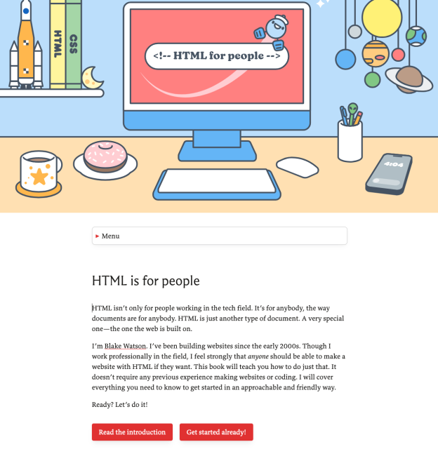Screenshot of the ebook introduction with a pastel nicely illustrated banner with the title HTML for people, and a cute smiling robot
